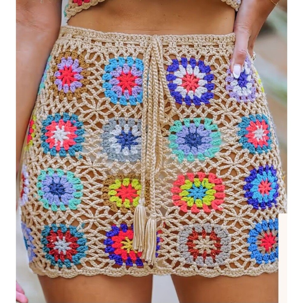 CUPSHE Women's Floral Crochet Sz XS Swim Cover Up Skirt Beige Multicolor